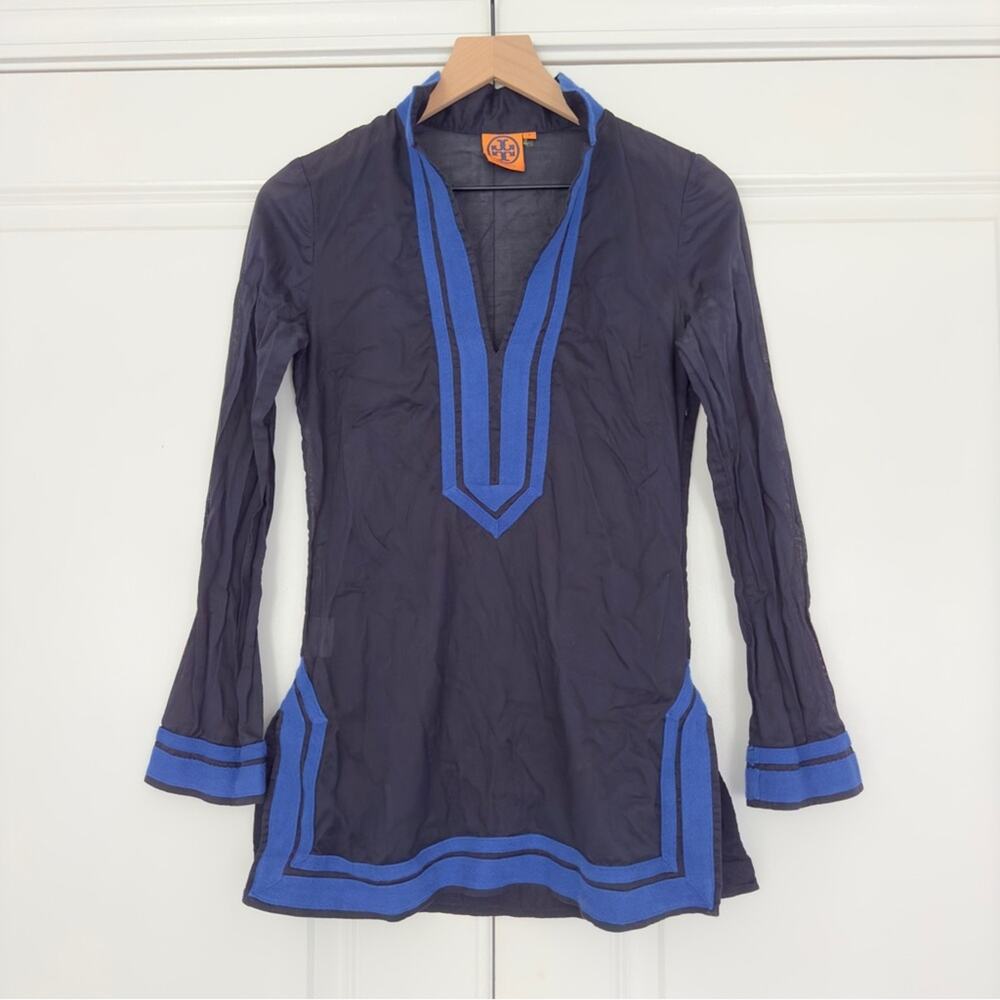 Tory Burch 100% Cotton Long Sleeve Tunic Top Lightweight Preppy Slit Hem Zipper